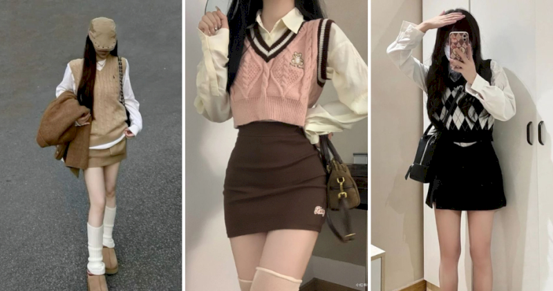 Gile len cổ chữ V phối sơ mi trắng và chân váy chữ A trẻ trung